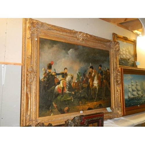 592 - A gilt framed oil on canvas Napoleonic battle scene, Frame 160 x 128 cm, image 120 x 90 cm, COLLECT ... 