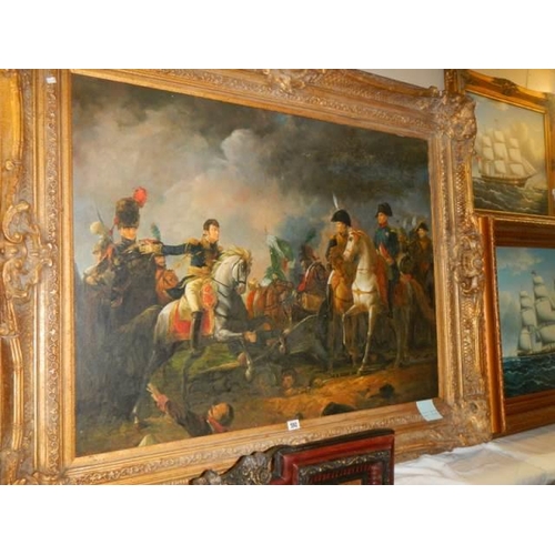 592 - A gilt framed oil on canvas Napoleonic battle scene, Frame 160 x 128 cm, image 120 x 90 cm, COLLECT ... 