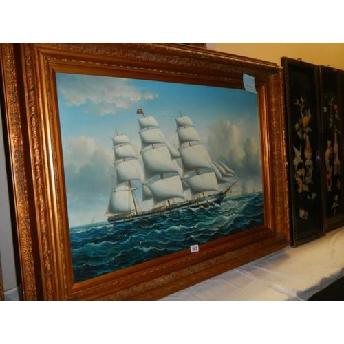 593 - A gilt framed oil on canvas of a sailing ship, Frame 117 x 87 cm, image 90 x 59 cm, COLLECT ONLY.