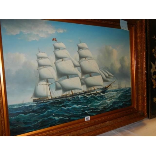 593 - A gilt framed oil on canvas of a sailing ship, Frame 117 x 87 cm, image 90 x 59 cm, COLLECT ONLY.