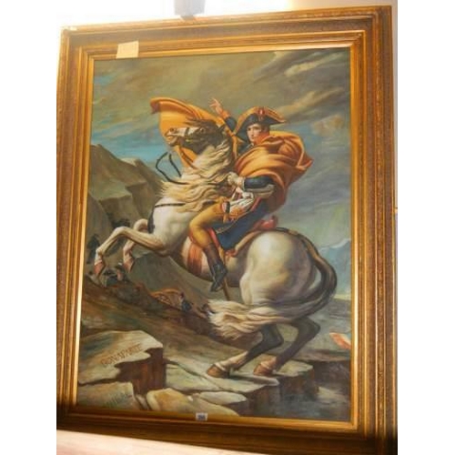 596 - A gilt framed oil on canvas painting of Napoleon Boneparte on horseback, Frame 149 x 117 cm, image 1... 