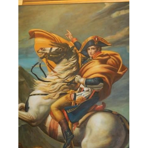 596 - A gilt framed oil on canvas painting of Napoleon Boneparte on horseback, Frame 149 x 117 cm, image 1... 