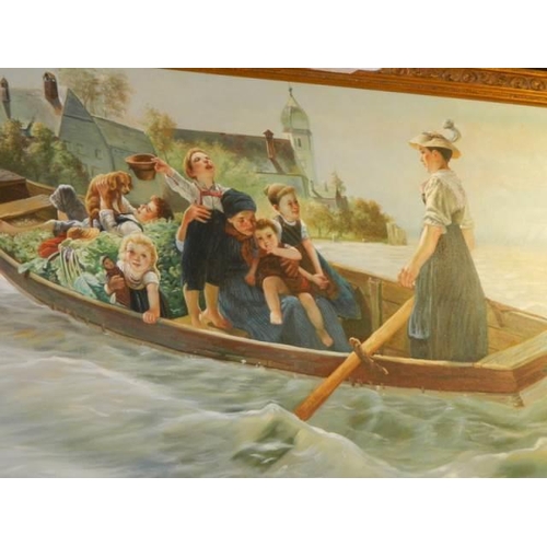 600 - A painting on canvas depicting children on a punt, COLLECT ONLY.