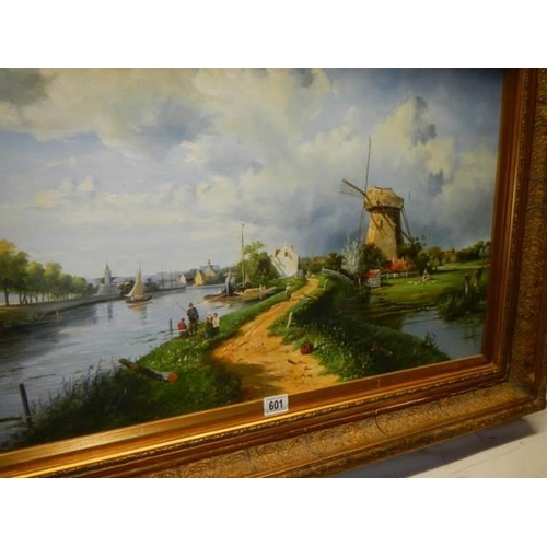 601 - A gilt framed oil on canvas rural scene with windmill, frame 117 x 86 cm, image 89 x 59 cm, COLLECT ... 