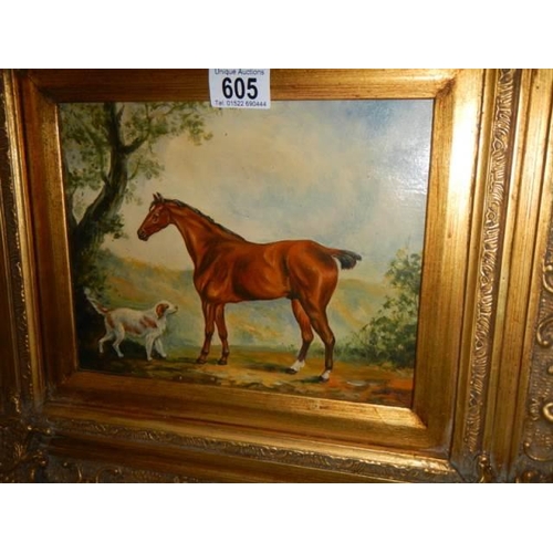 605 - A heavy gilt framed oil on board painting of a horse with a dog, initialed TR/RT? 1907. Frame 49 x 4... 