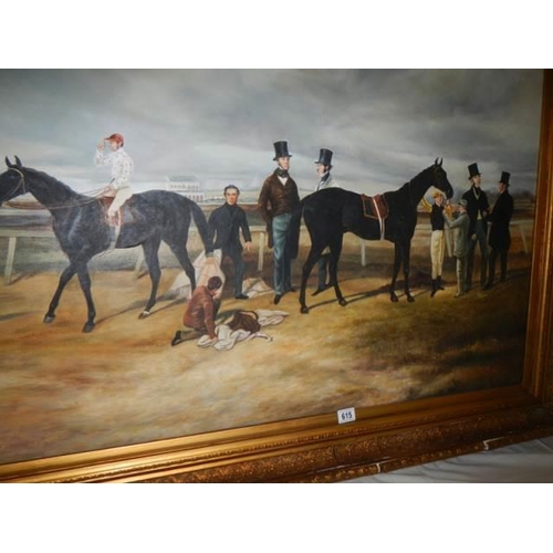 615 - A large oil on canvas study of a race meeting, frame 148 x 118 cm, imaGe 121 x 90 cm, COLLECT ONLY