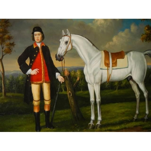 616 - A gilt framed oil on canvas painting of a horse with rider, frame 114 x 84 cm, image 90 x 80 cm, COL... 