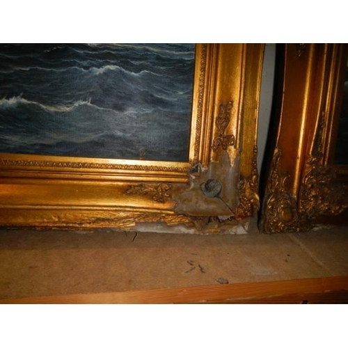 617 - A gilt framed oil on canvas painting of a tall ship, unsigned (frame a/f) frame 110 x 81 cm, image 9... 