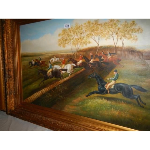 619 - A gilt framed oil on canvas painting of a steeplechase, frame 118 x 88 cm, image 89 x 59 cm, COLLECT... 