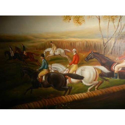 619 - A gilt framed oil on canvas painting of a steeplechase, frame 118 x 88 cm, image 89 x 59 cm, COLLECT... 