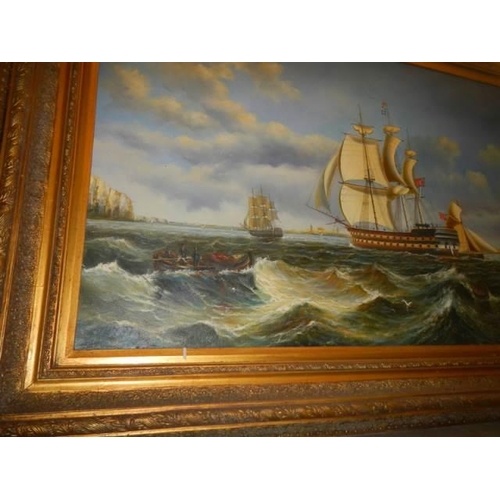 620 - A gilt framed oil on canvas painting of a battleship ship, frame 120 x 86 cm, image 90 x 60 cm, COLL... 