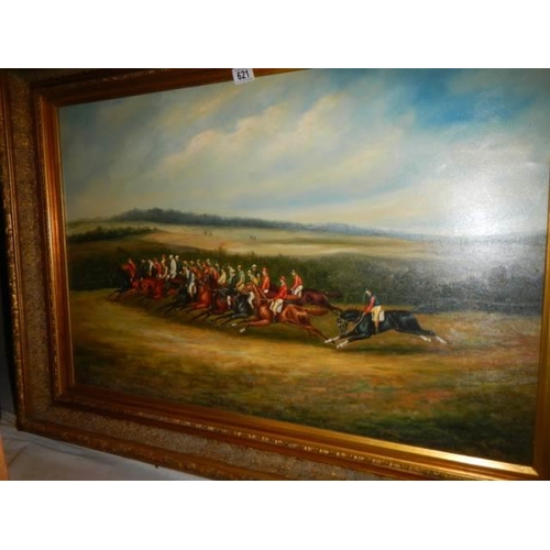 621 - A gilt framed oil on canvas painting horse race. frame 117 x 87 cm, image 90 x 59 cm, COLLECT ONLY.