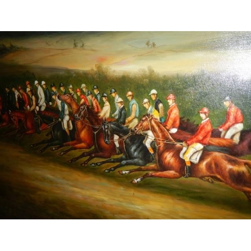 621 - A gilt framed oil on canvas painting horse race. frame 117 x 87 cm, image 90 x 59 cm, COLLECT ONLY.