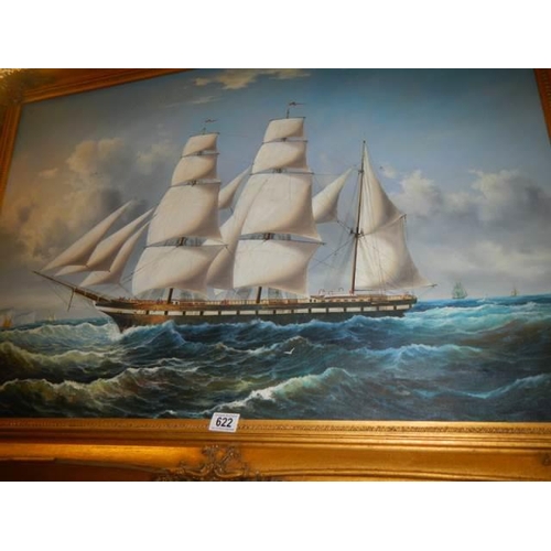 622 - A gilt framed oil on canvas painting of a tall ship, frame 112 x 81 cm, image 90 x 60 cm. COLLECT ON... 