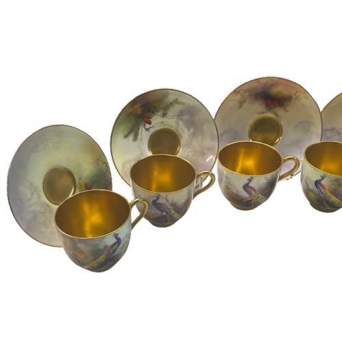 413C - A set of 6 Royal Worcester hand-painted cabinet cups and saucers with Peacock designs. Artists inclu... 