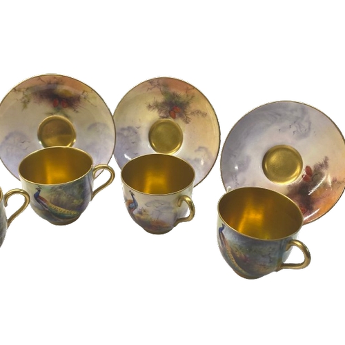 413C - A set of 6 Royal Worcester hand-painted cabinet cups and saucers with Peacock designs. Artists inclu... 