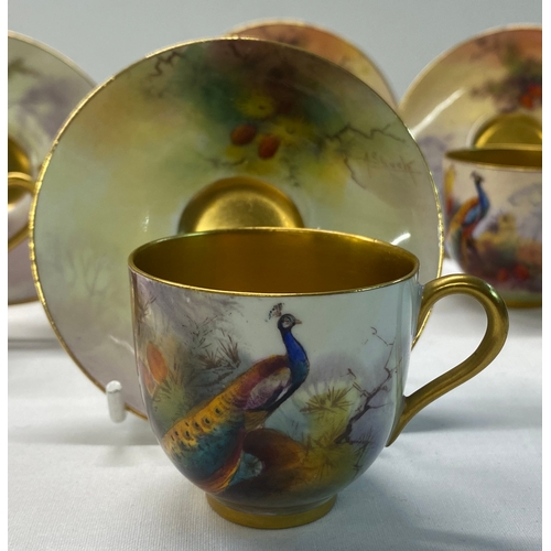 413C - A set of 6 Royal Worcester hand-painted cabinet cups and saucers with Peacock designs. Artists inclu... 