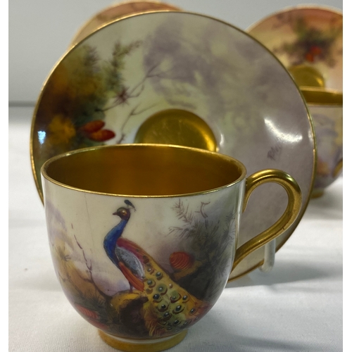 413C - A set of 6 Royal Worcester hand-painted cabinet cups and saucers with Peacock designs. Artists inclu... 