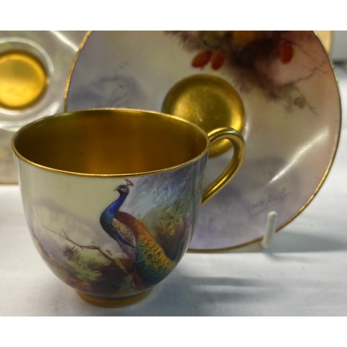 413C - A set of 6 Royal Worcester hand-painted cabinet cups and saucers with Peacock designs. Artists inclu... 