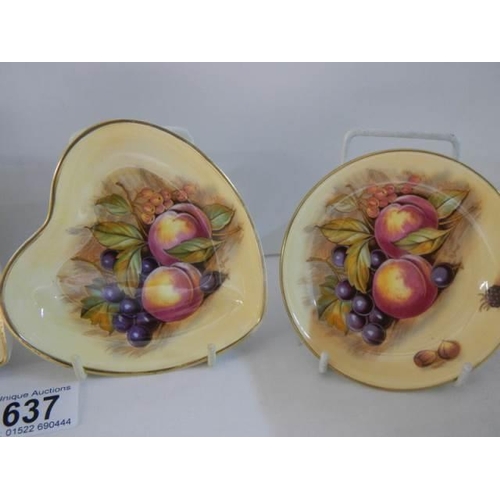 637 - Four pieces of Aynsley Orchard Gold porcelain - 2 round, 1 heart and 1 oblong pin tray all signed D ... 