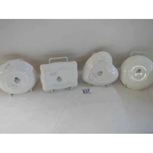 637 - Four pieces of Aynsley Orchard Gold porcelain - 2 round, 1 heart and 1 oblong pin tray all signed D ... 