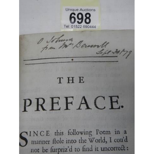 698 - An early 18th century book entitled 'The Dispensary of a Poem in 6 Contra's' Published 1706.