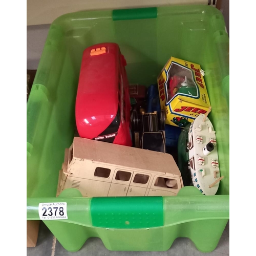 2378 - A box of mixed diecast tinplate and plastic vehicles