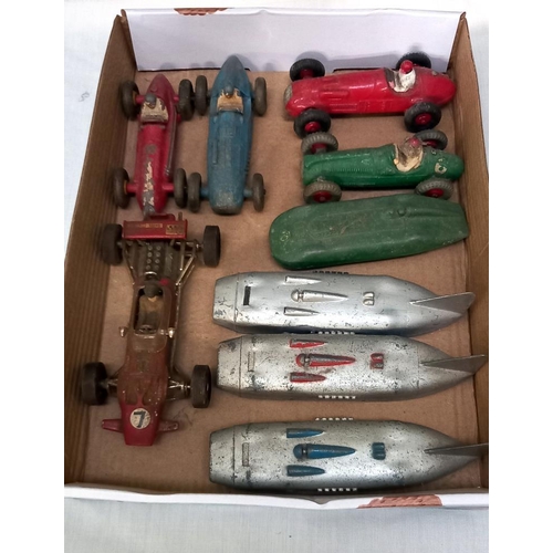 2401 - A tray of play worn Dinky racing and record cars