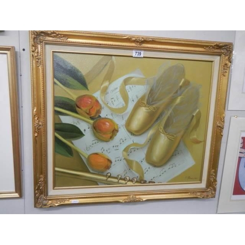 739 - B. Peterson (20thC) Oil on canvas still life in gilt frame, flute, roses, ballet shoes and manuscrip... 