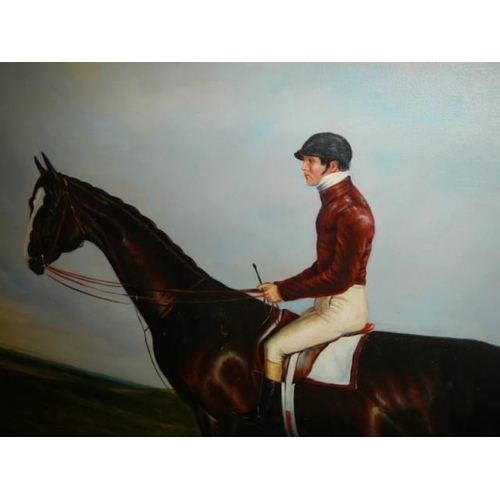 758 - A gilt framed oil on canvas painting of a horse with jockey, unsigned (frame a./f) frame 117 x 144 c... 