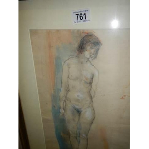 761 - A framed and glazed pastel nude study, signed. COLLECT ONLY.