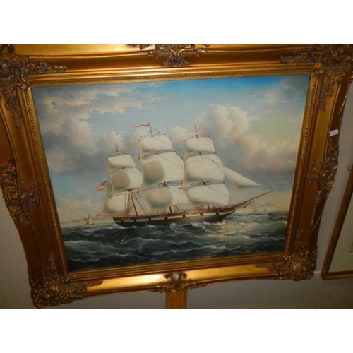 764 - A gilt framed oil on canvas seascape with tall ship, COLLECT ONLY.