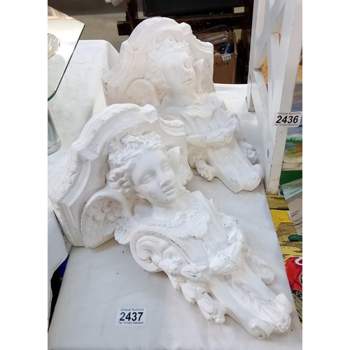 2437 - 2 large plaster wall mounts with cherub faces