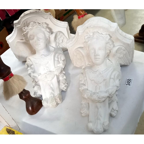 2450 - 2 large plaster wall mounts with cherub faces