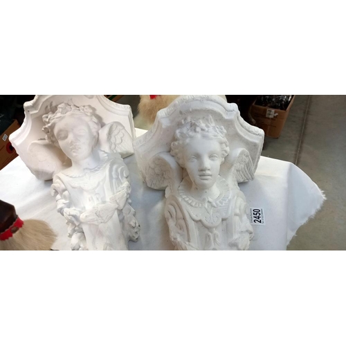 2450 - 2 large plaster wall mounts with cherub faces