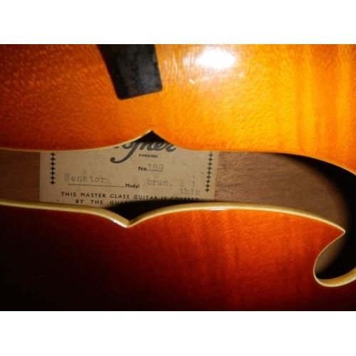 806 - A Hofner Senator Brun E1 thin 1950's electro/acoustic guitar, original pick guard with brown hard ca... 