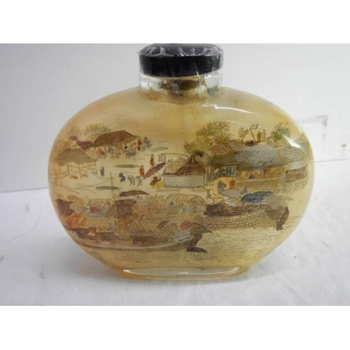 839 - Two large Chinese inside painted moonflask glass table snuff bottles: one with a bridge/harbour scen... 