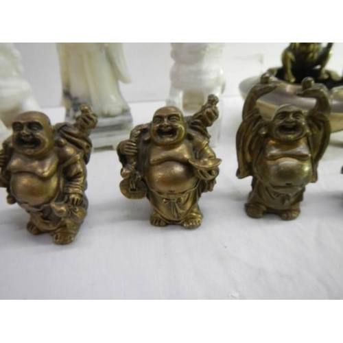 840 - A quality Chinese lot comprising a set of 5 small happy Buddha bronze weights (signed) H 7cm; a pair... 