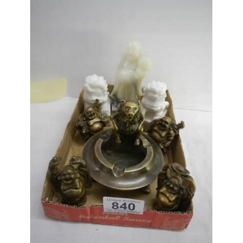 840 - A quality Chinese lot comprising a set of 5 small happy Buddha bronze weights (signed) H 7cm; a pair... 