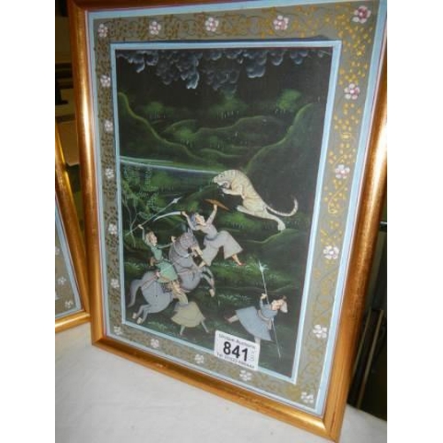 841 - Three mounted and framed Indian silk paintings depicting tiger hunting scenes. Each 30cm x 23cm