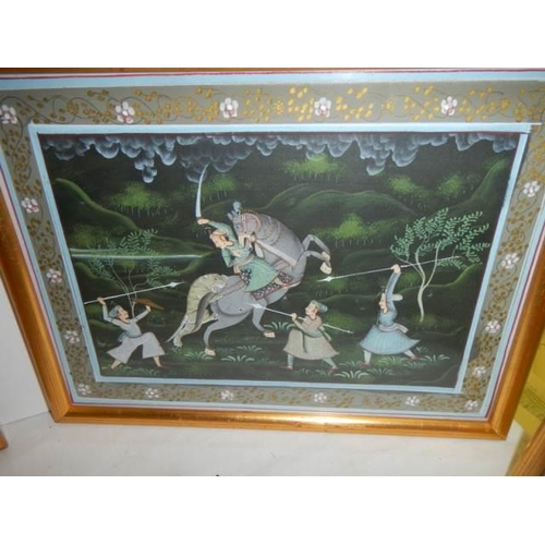 841 - Three mounted and framed Indian silk paintings depicting tiger hunting scenes. Each 30cm x 23cm