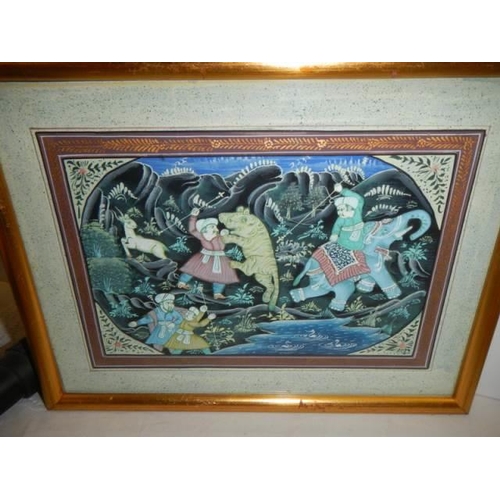 841 - Three mounted and framed Indian silk paintings depicting tiger hunting scenes. Each 30cm x 23cm