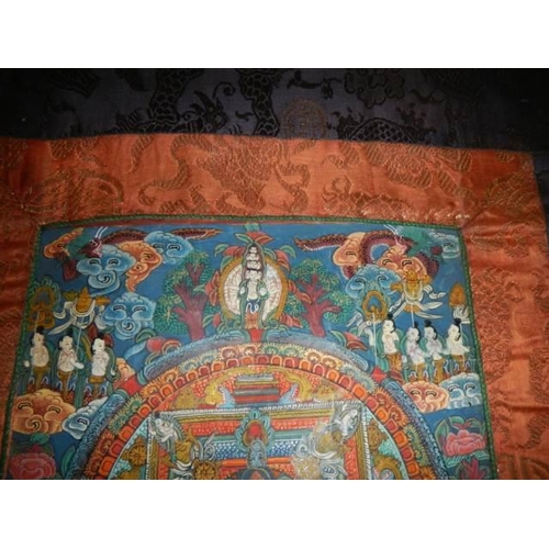 843 - . A Tibetan Buddhist hand-painted mandala thangka set in silk brocade. Images include detailed manif... 