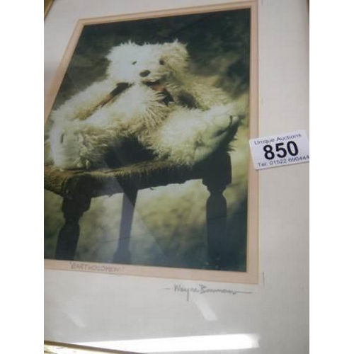 850 - Two collector's bears together with a framed photo on one of them,