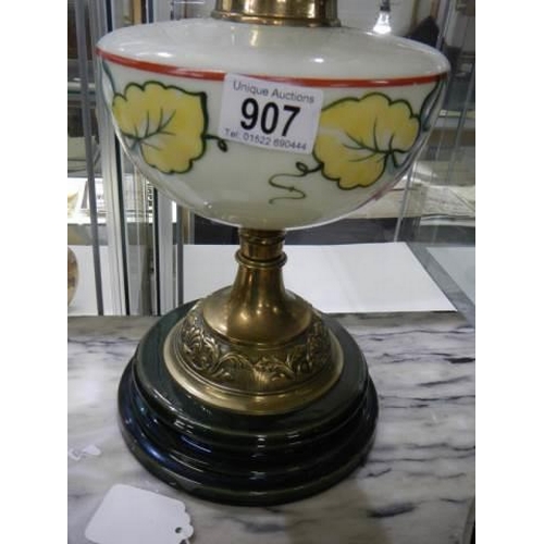 907 - A Victorian oil lamp on pot base with glass font and original acid etched shade, COLLECT ONLY.