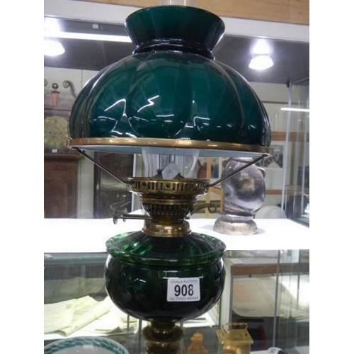 908 - A Victorian brass oil lamp with green glass font and green glass shade, COLLECT ONLY.