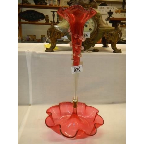 926 - A single trumpet cranberry glass epergne.