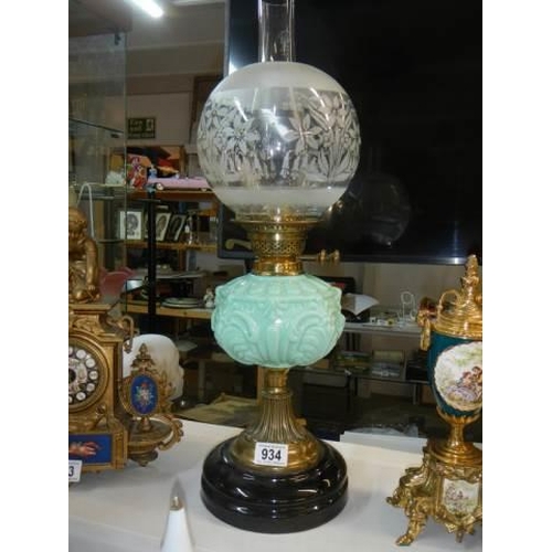 934 - A Victorian oil lamp with Edwardian shade, COLLECT ONLY.