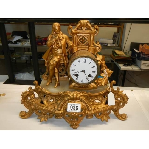 936 - A French spelter mantel clock, in working order.