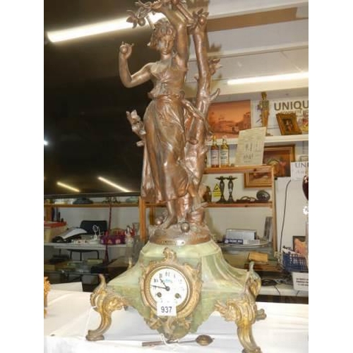 937 - A good French mantel clock surmounted spelter female figure, in working order COLLECT ONLY.